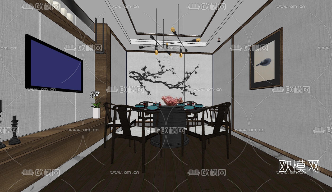 新中式餐厅su模型