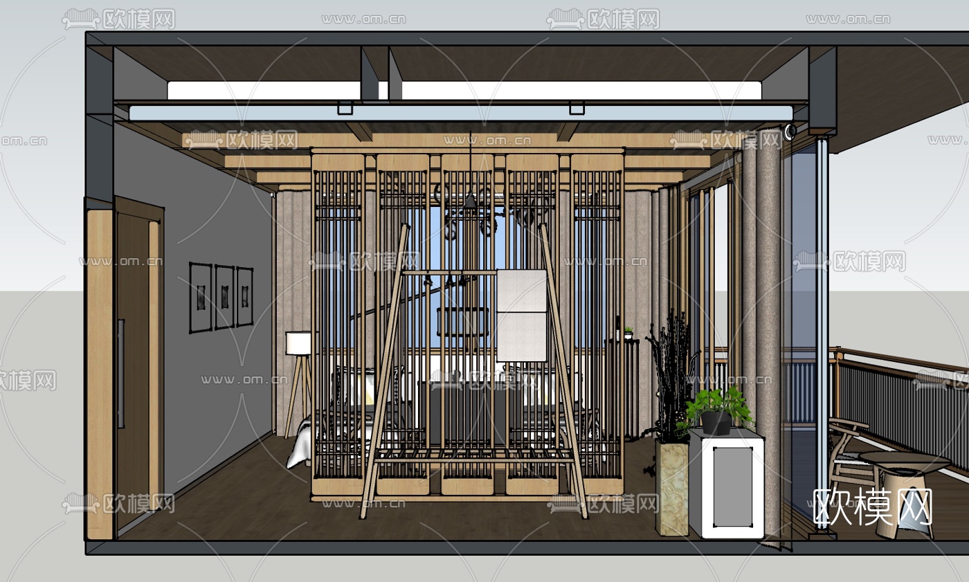 新中式民宿客房双人房su模型下载（渲染图2）