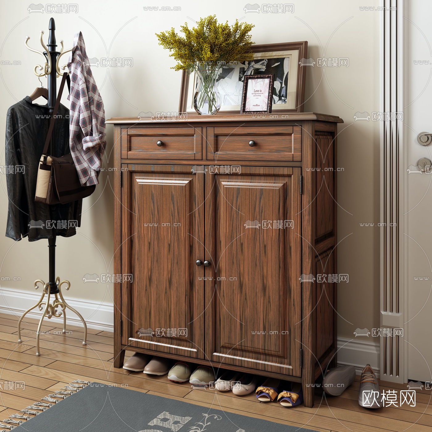 美式实木鞋柜3d模型下载（渲染图2）