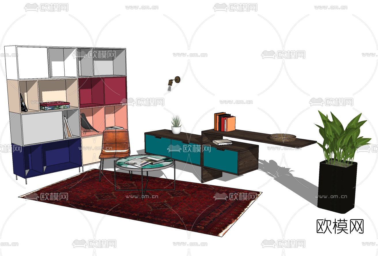 现代单椅装饰柜组合su模型下载（渲染图3）