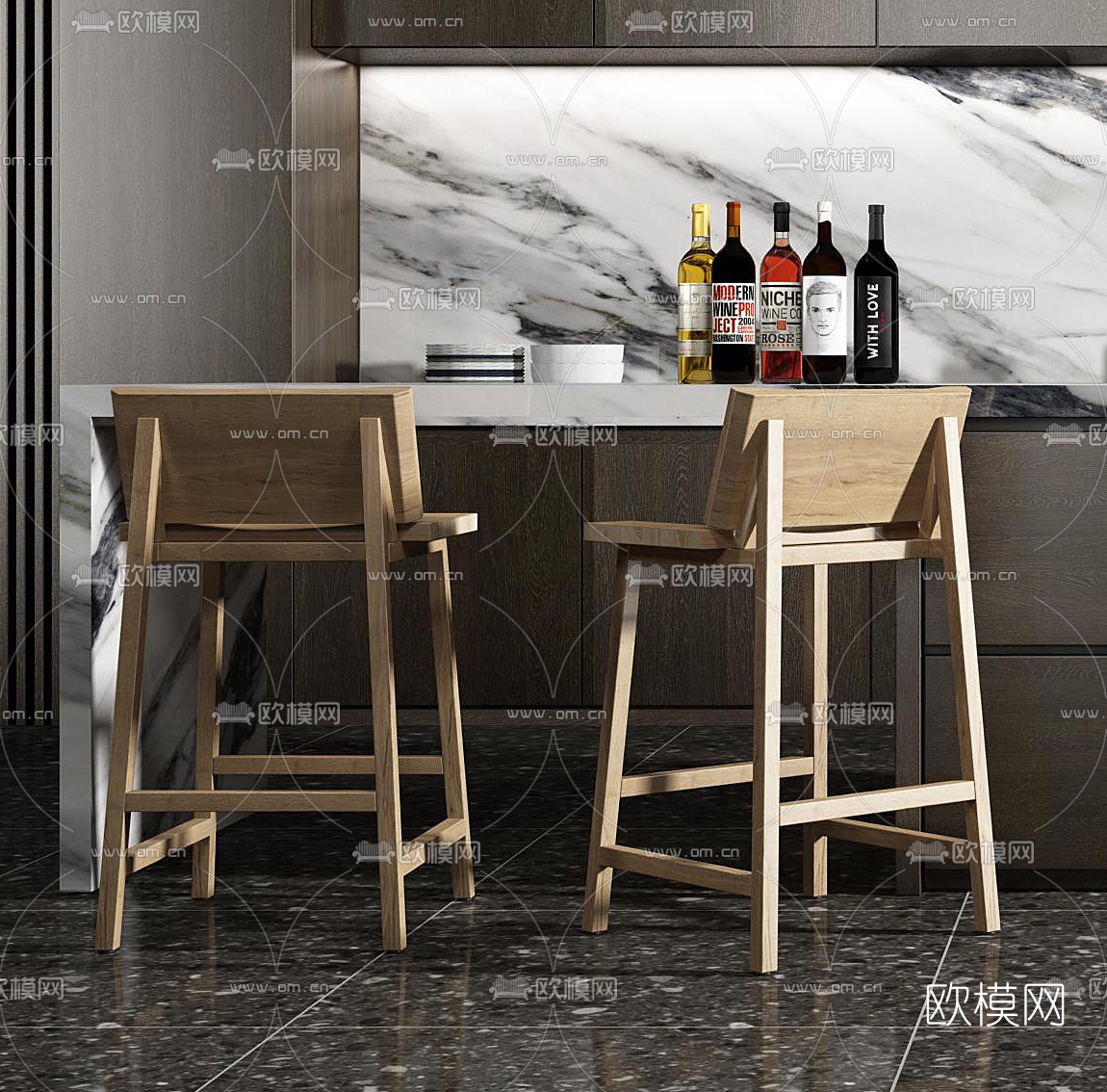 现代实木大理石吧台3d模型下载（渲染图3）