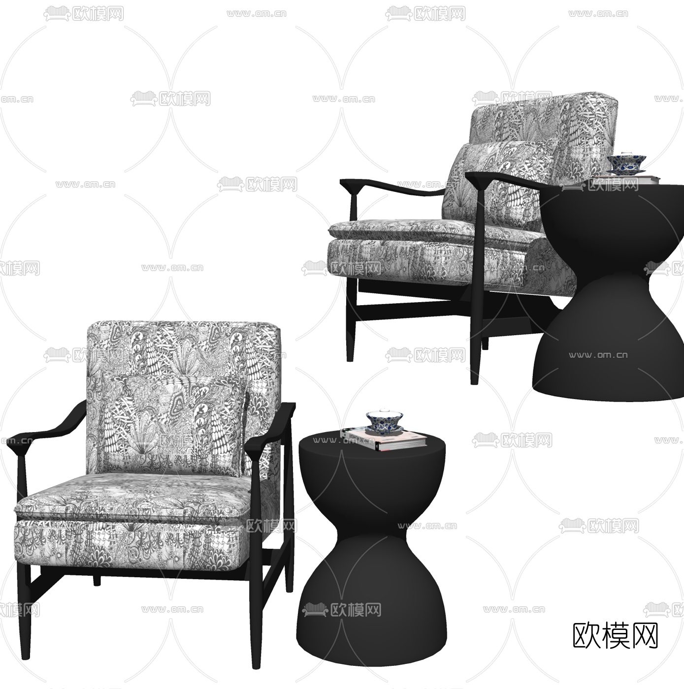 新中式布艺单人沙发su模型下载