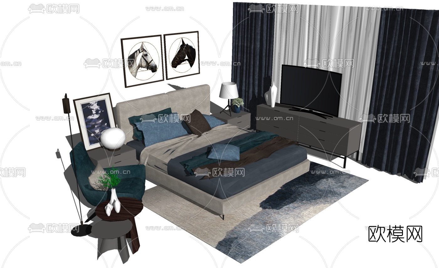 北欧双人床su模型下载（渲染图3）