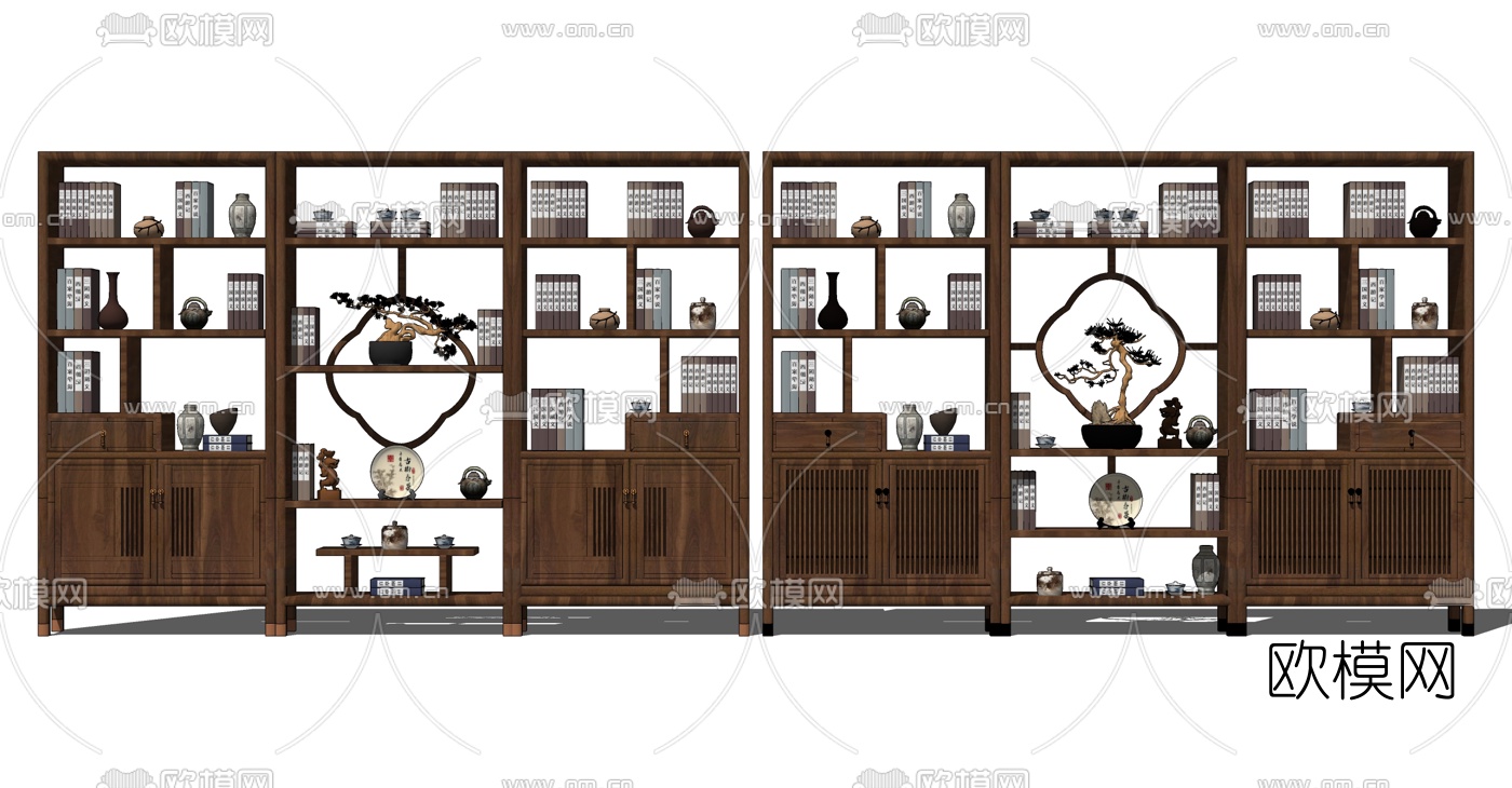新中式实木书柜博古架su模型下载（渲染图1）