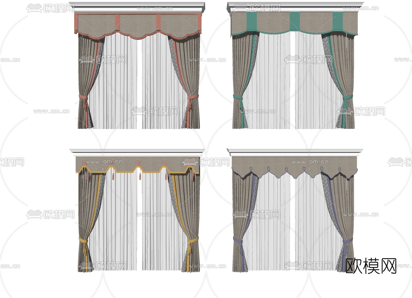 新中式布艺窗帘组合su模型下载
