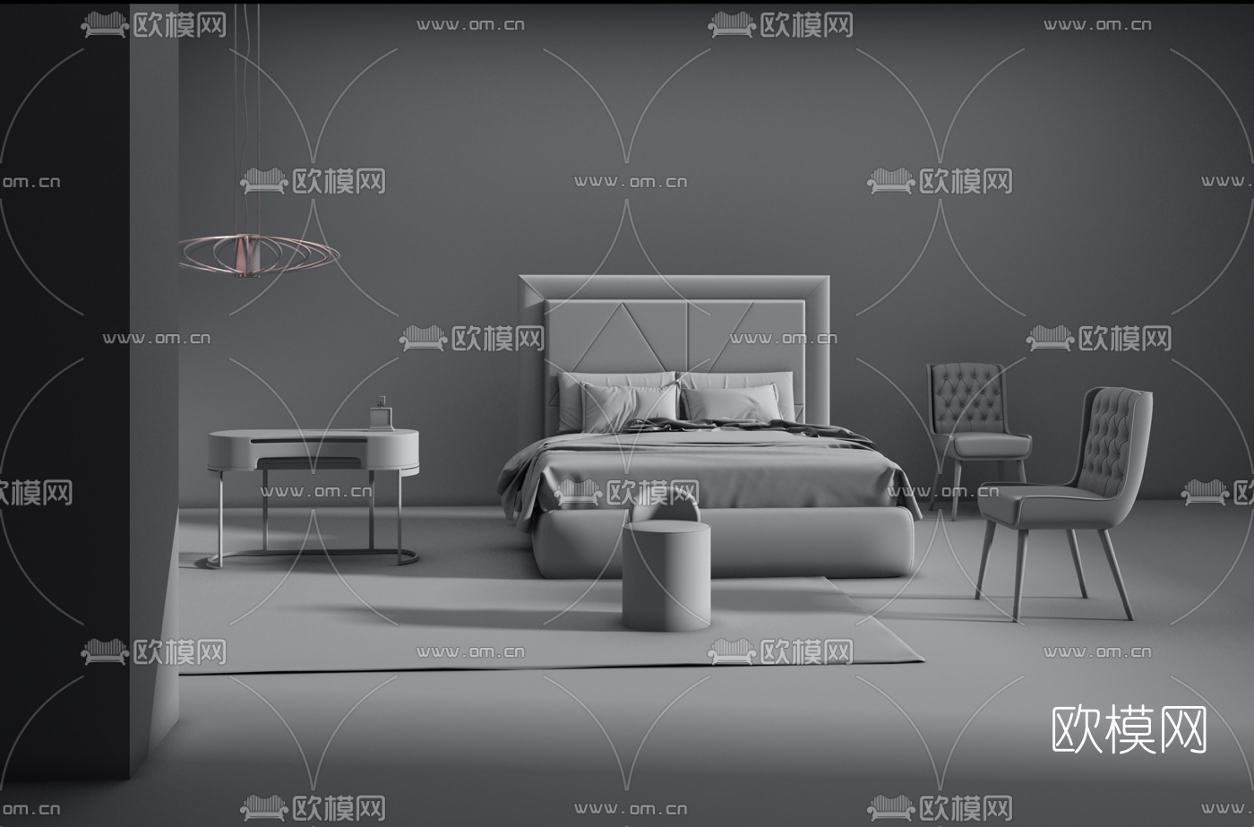 意大利BAXTER品牌 现代布艺双人床梳妆台3D模型下载（渲染图2）