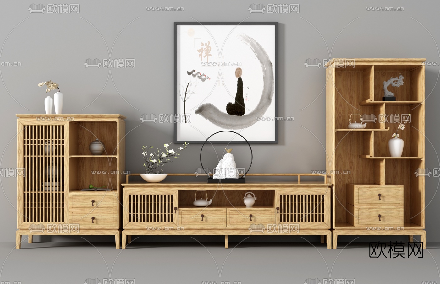 中式实木电视柜边柜组合3d模型下载