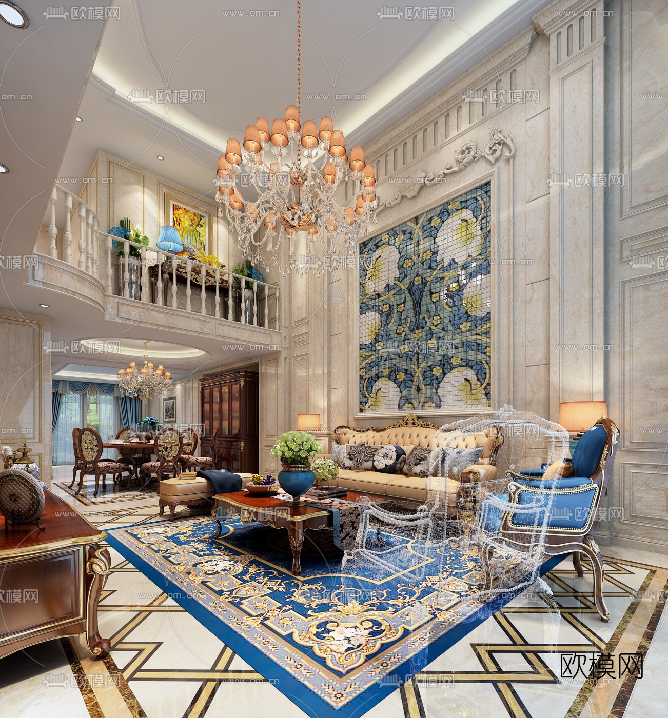 欧式别墅客厅餐厅组合3D模型下载（渲染图3）