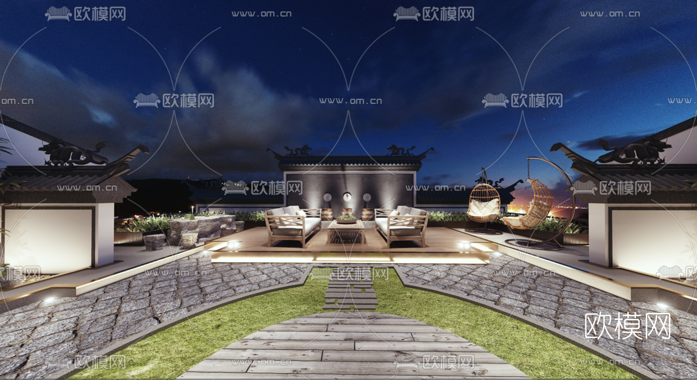 新中式楼顶露台花园全景3d模型