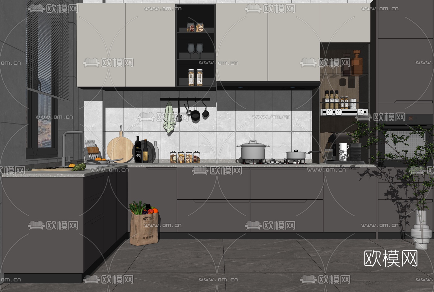 现代橱柜吊柜su模型下载