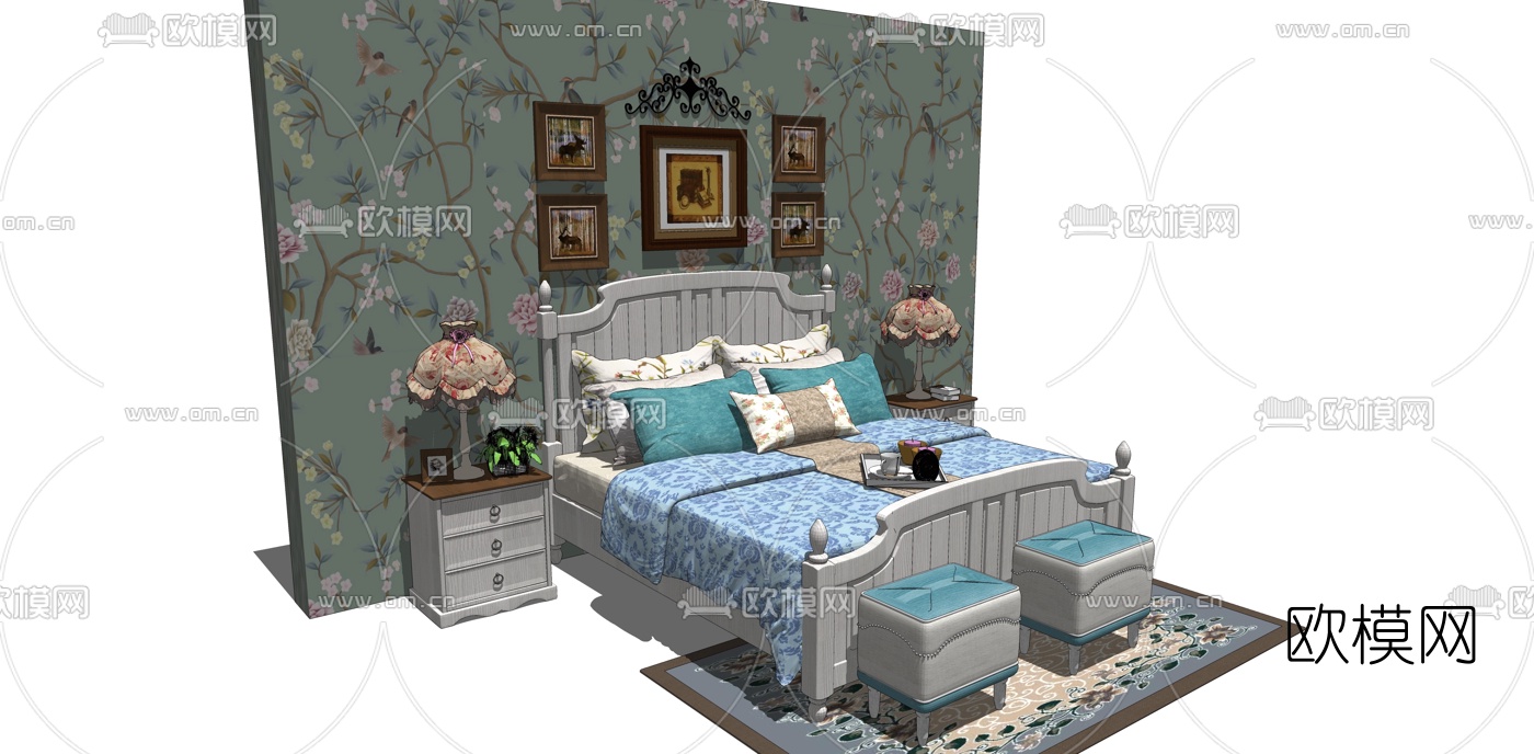 美式田园风双人床su模型下载（渲染图2）