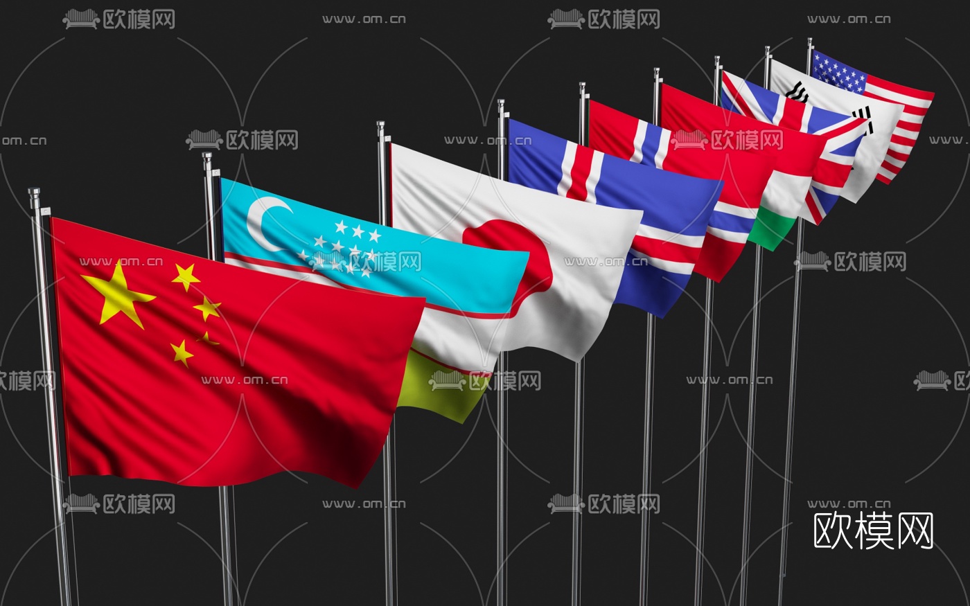 现代各国国旗旗帜3D模型