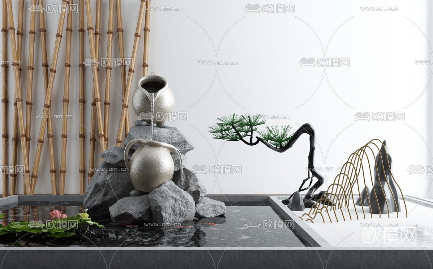 新中式荷花池假山园艺小品3d模型下载