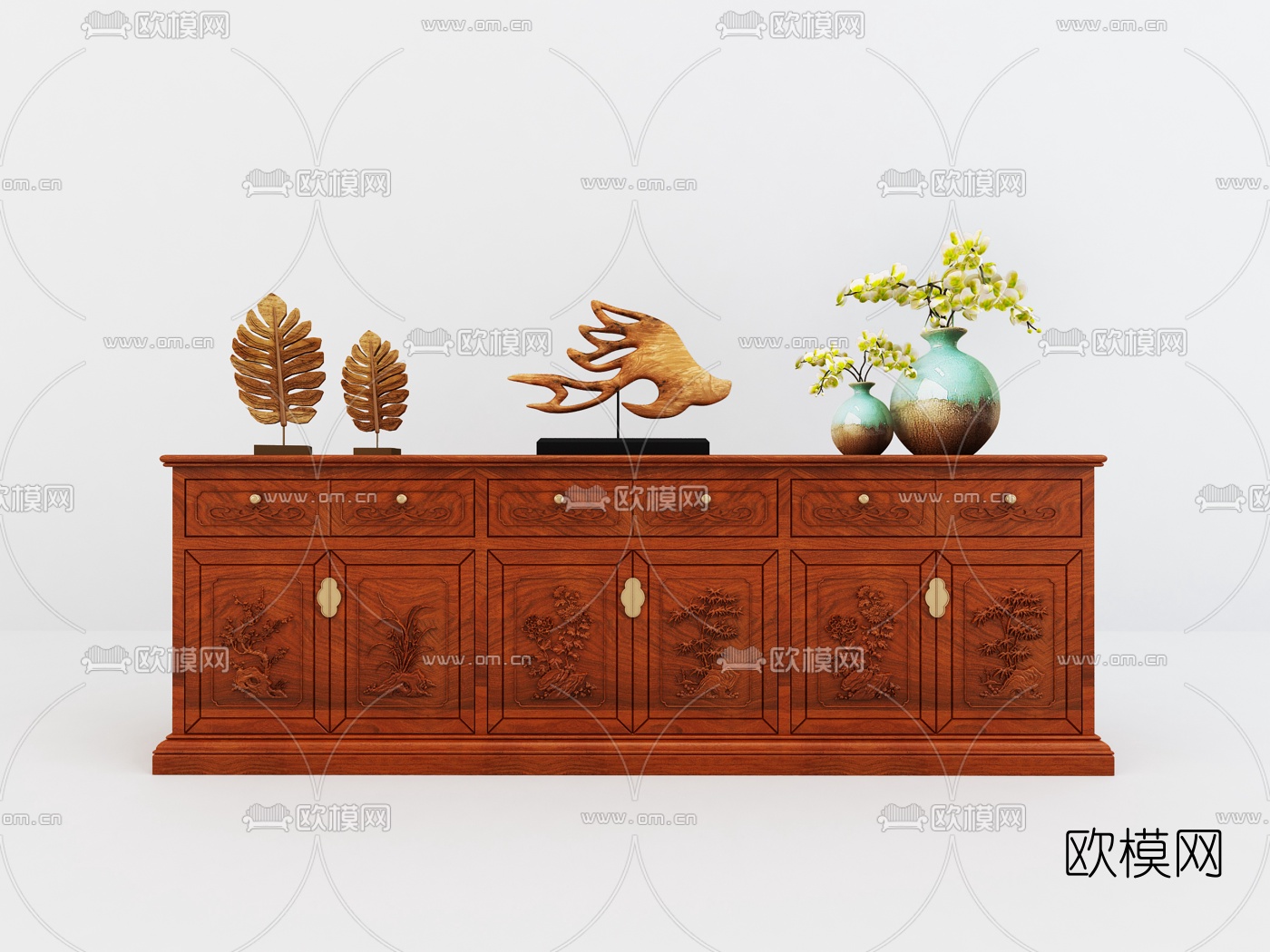 中式实木装饰柜边柜组合3D模型下载（渲染图3）