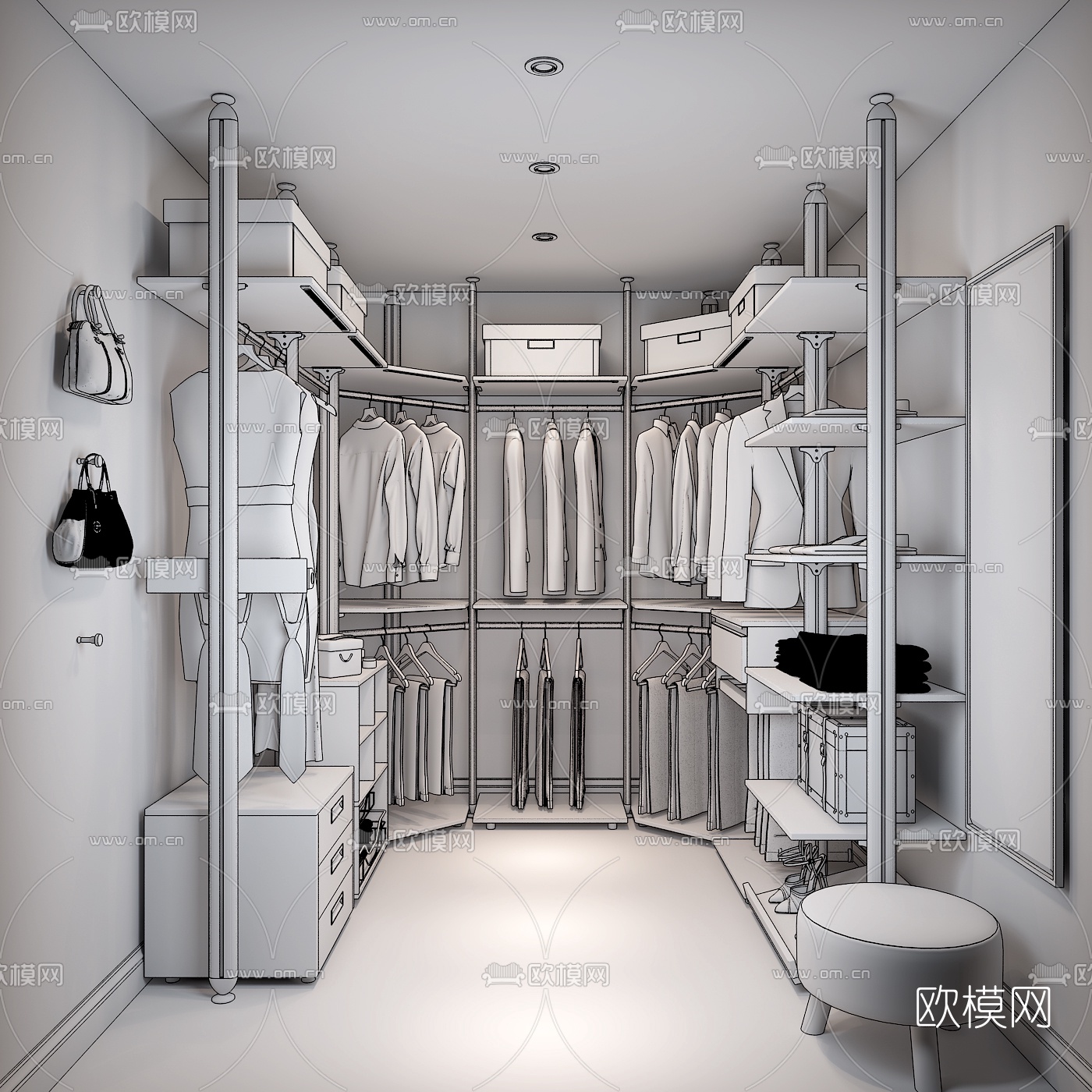 现代开放式衣柜衣架组合3D模型-免费3dmax模型库-欧模网
