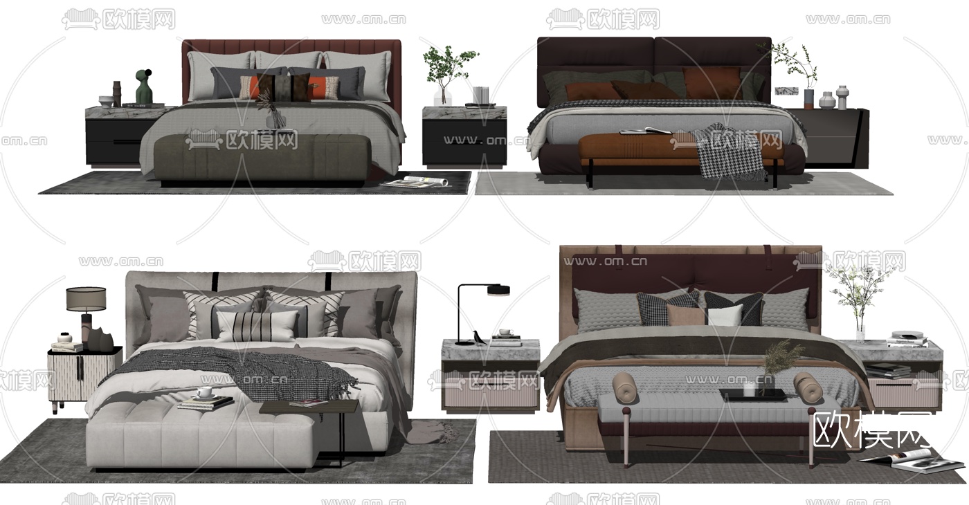 现代轻奢双人床su模型下载（渲染图2）