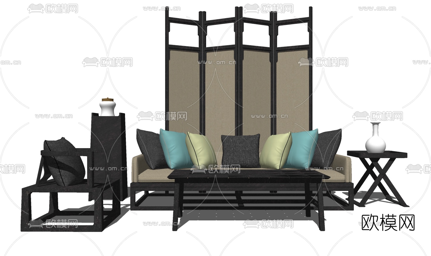 中式沙发组合su模型下载