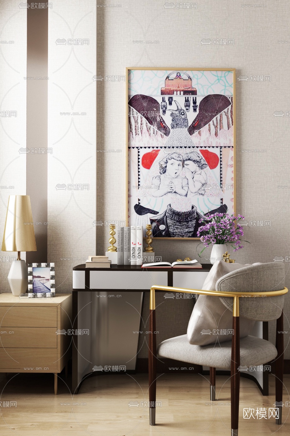 集艾设计现代梳妆台休闲椅组合3D模型下载