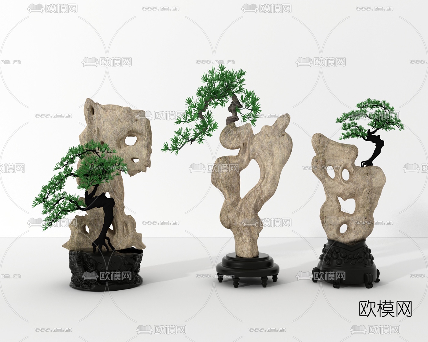 新中式假山松树盆景3d模型下载