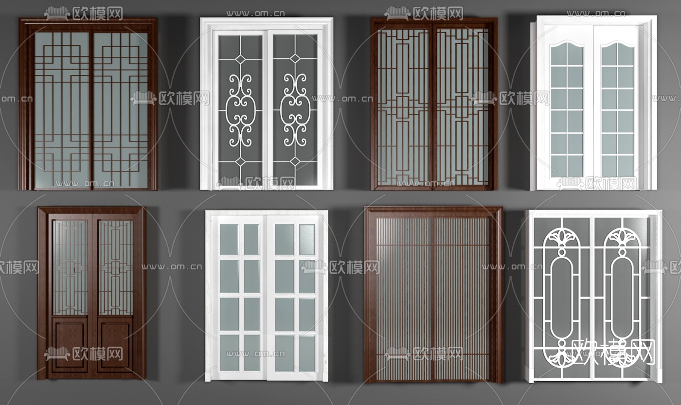 新中式实木镂空推拉门组合3d模型