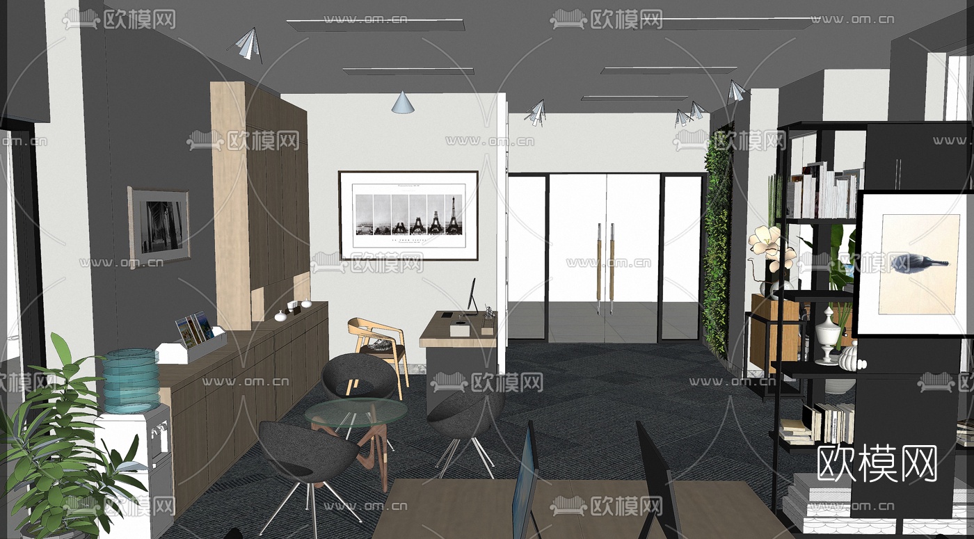 现代会议室办公区su模型下载（渲染图2）