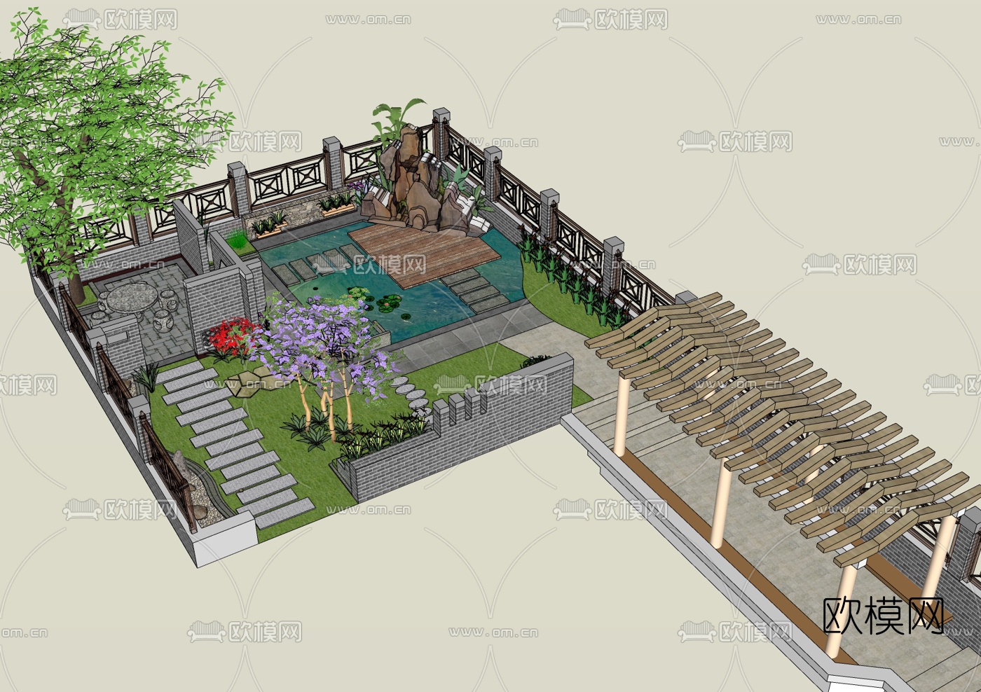 新中式庭院景观su模型下载_ID:10337599_sketchup模型下载-欧模网