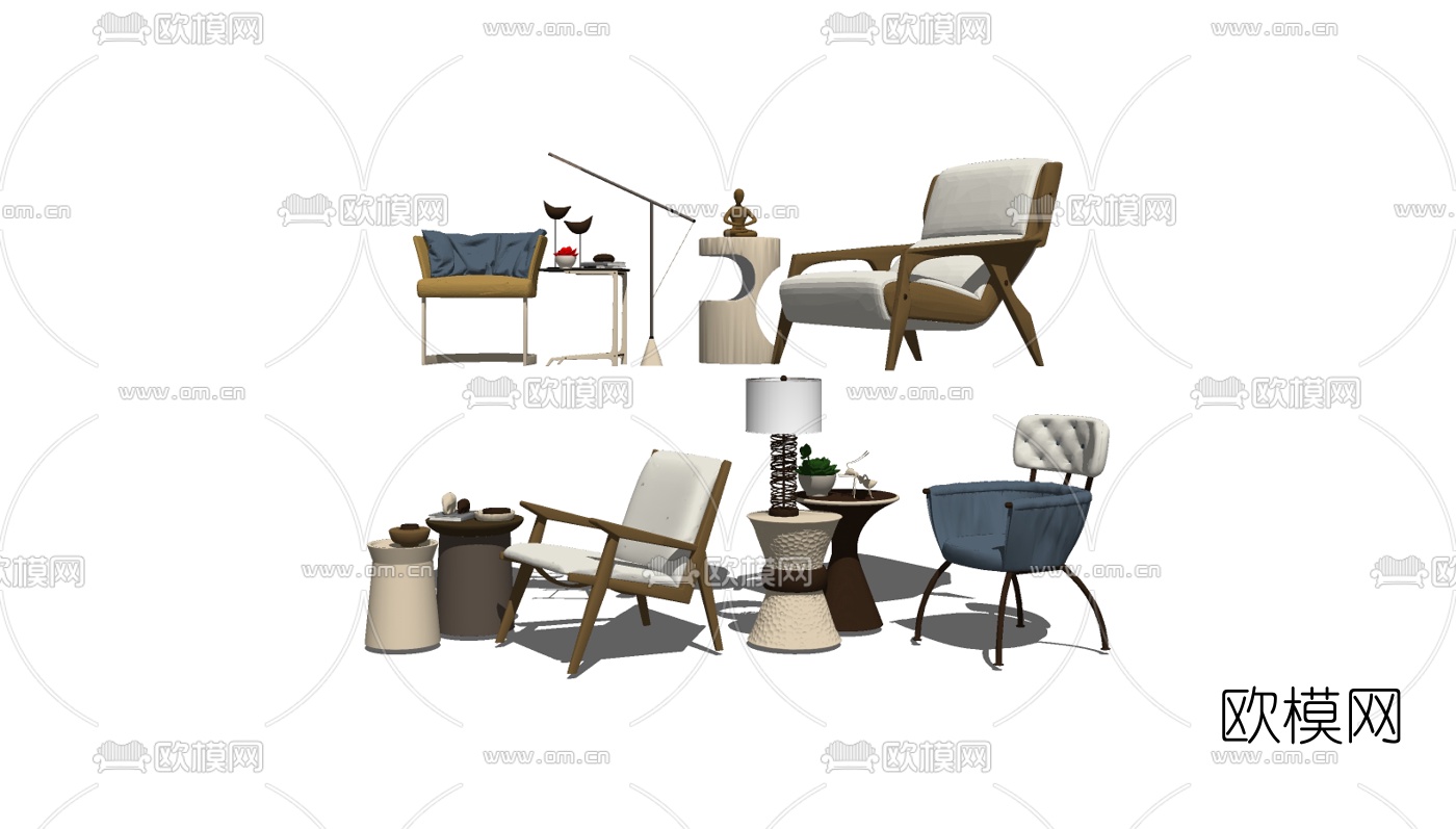 现代休闲椅边几组合su模型下载（渲染图2）