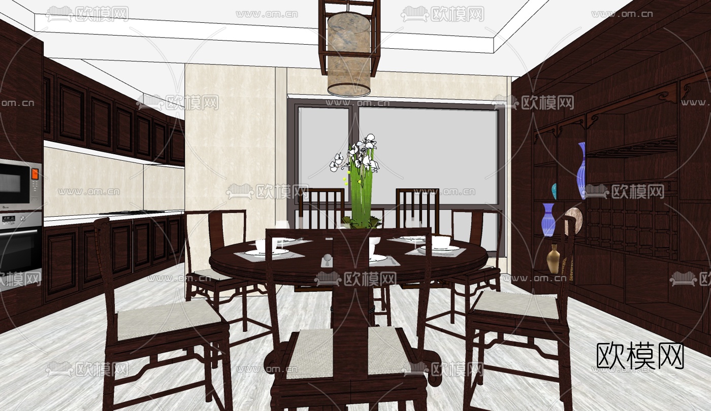 新中式客餐厅免费su模型下载（渲染图3）