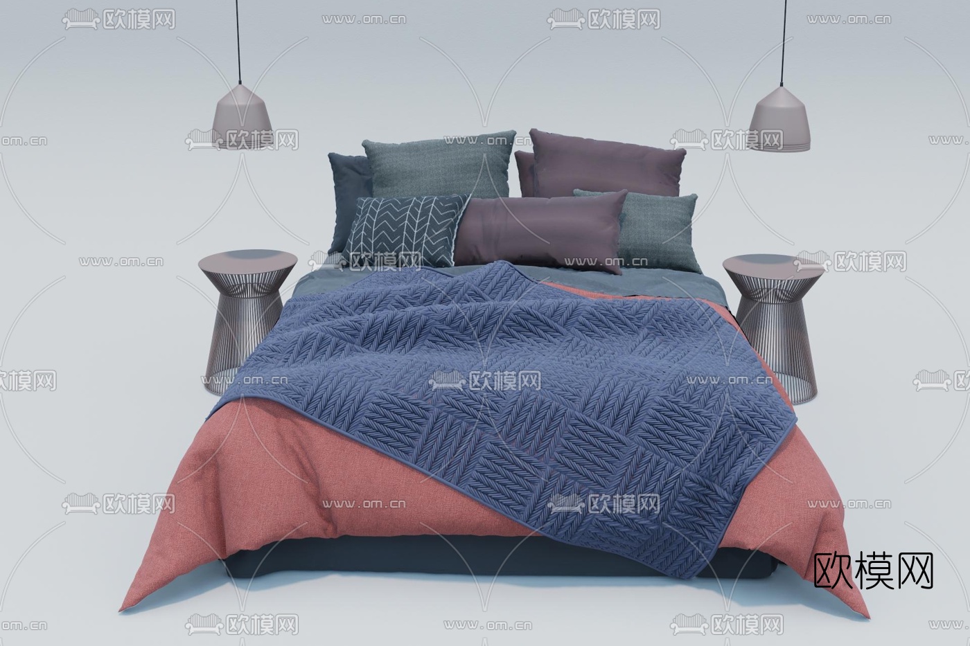 现代布艺双人床su模型下载（渲染图1）