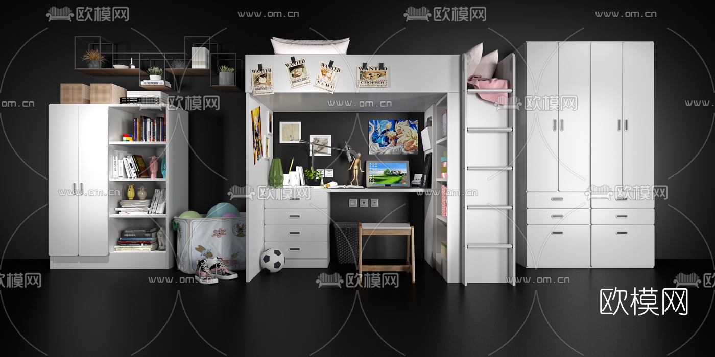 现代儿童床书桌衣柜书柜组合3d模型下载（渲染图1）