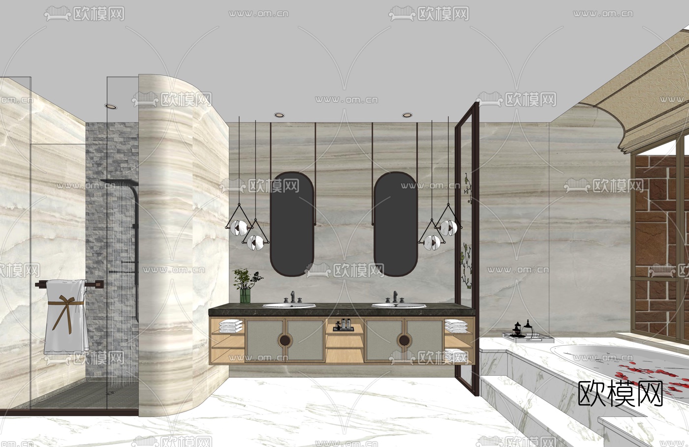 新中式轻奢浴室卫生间su模型