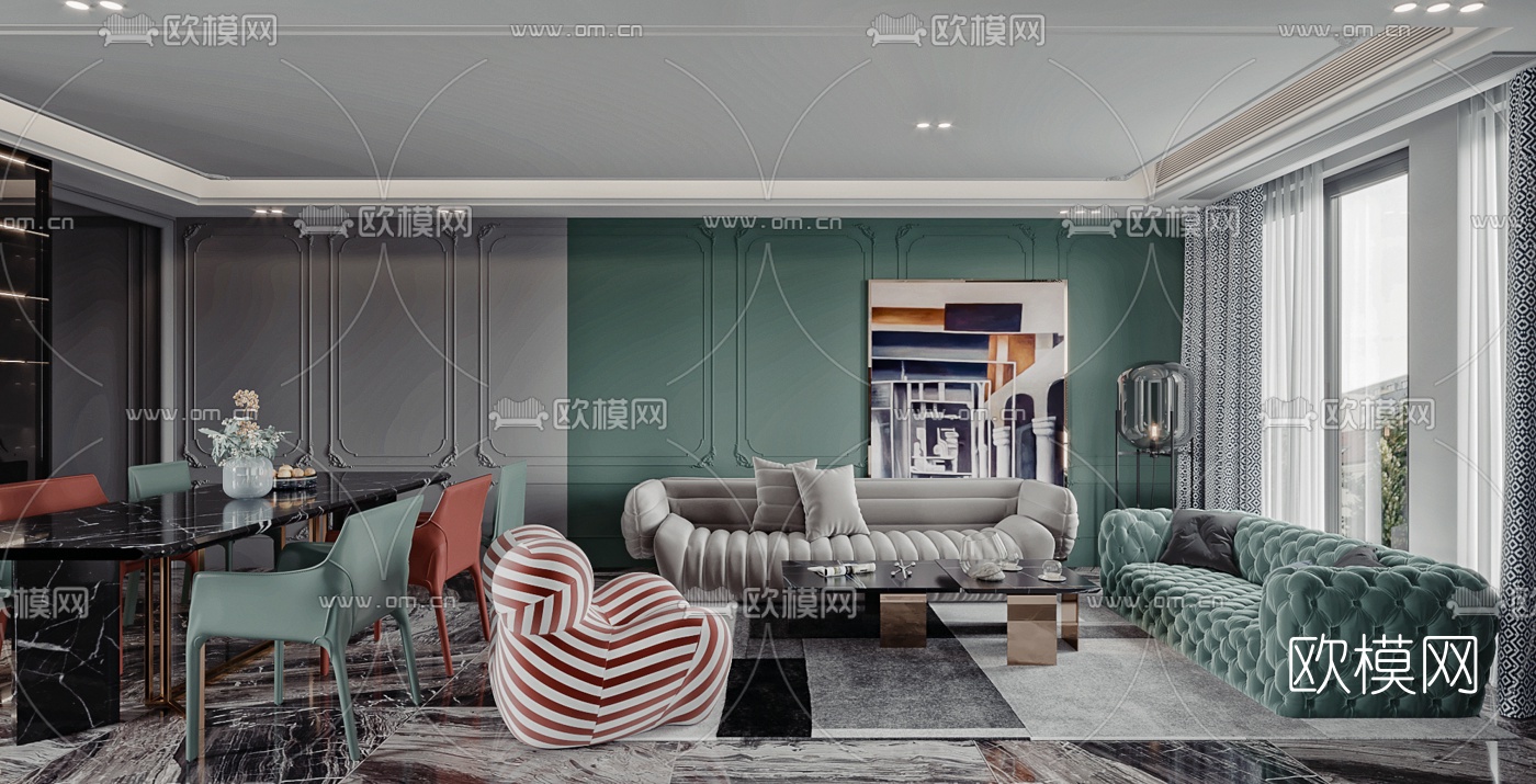 简欧客厅餐厅3d模型下载（渲染图1）