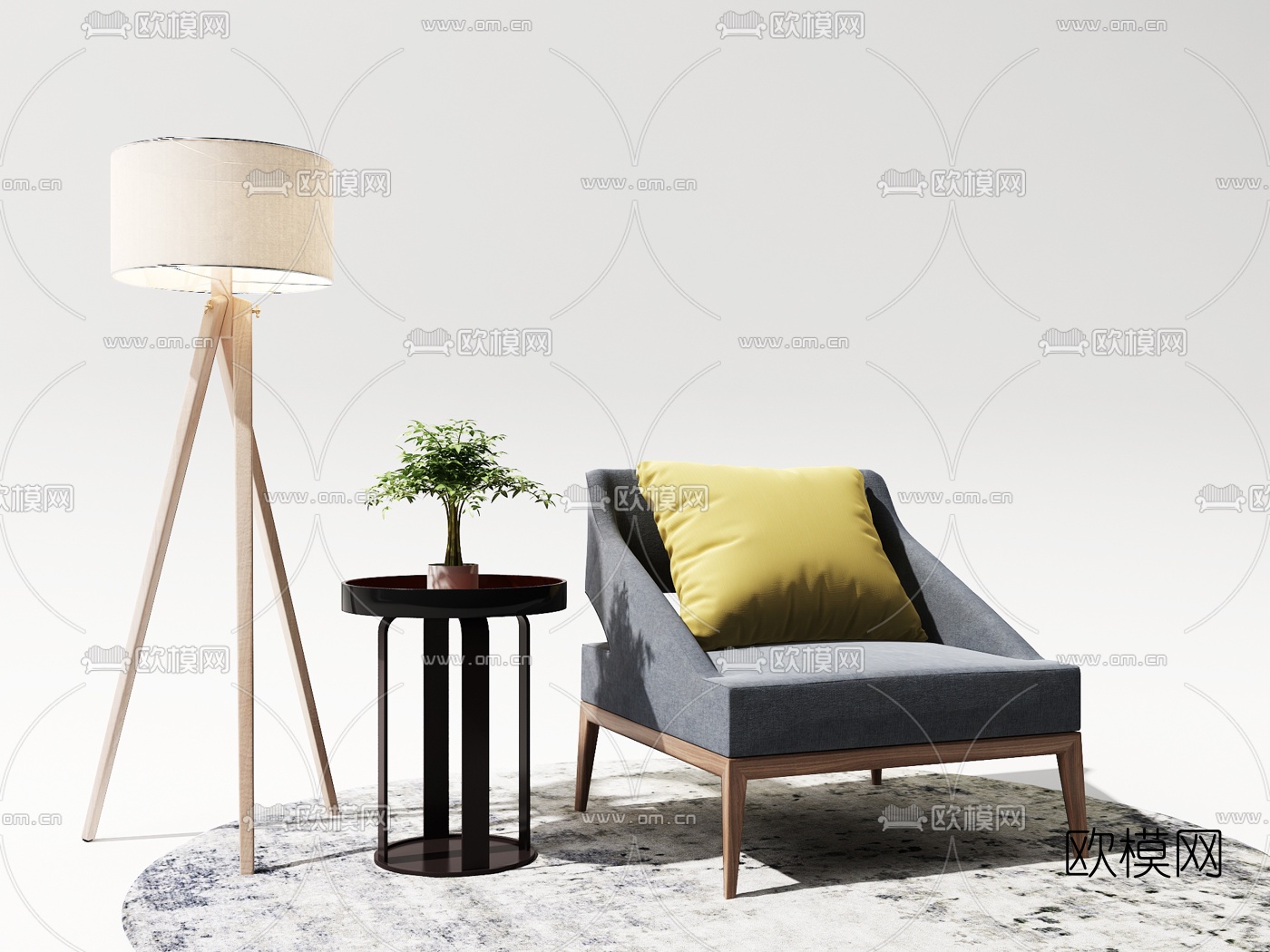 现代布艺沙发圆几落地灯摆件组合3D模型下载（渲染图2）