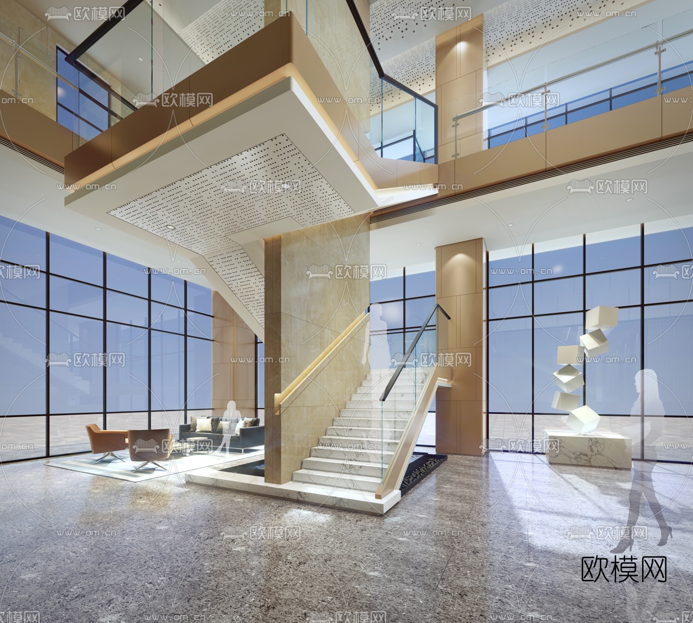 现代办公楼大堂前台3d模型下载（渲染图3）