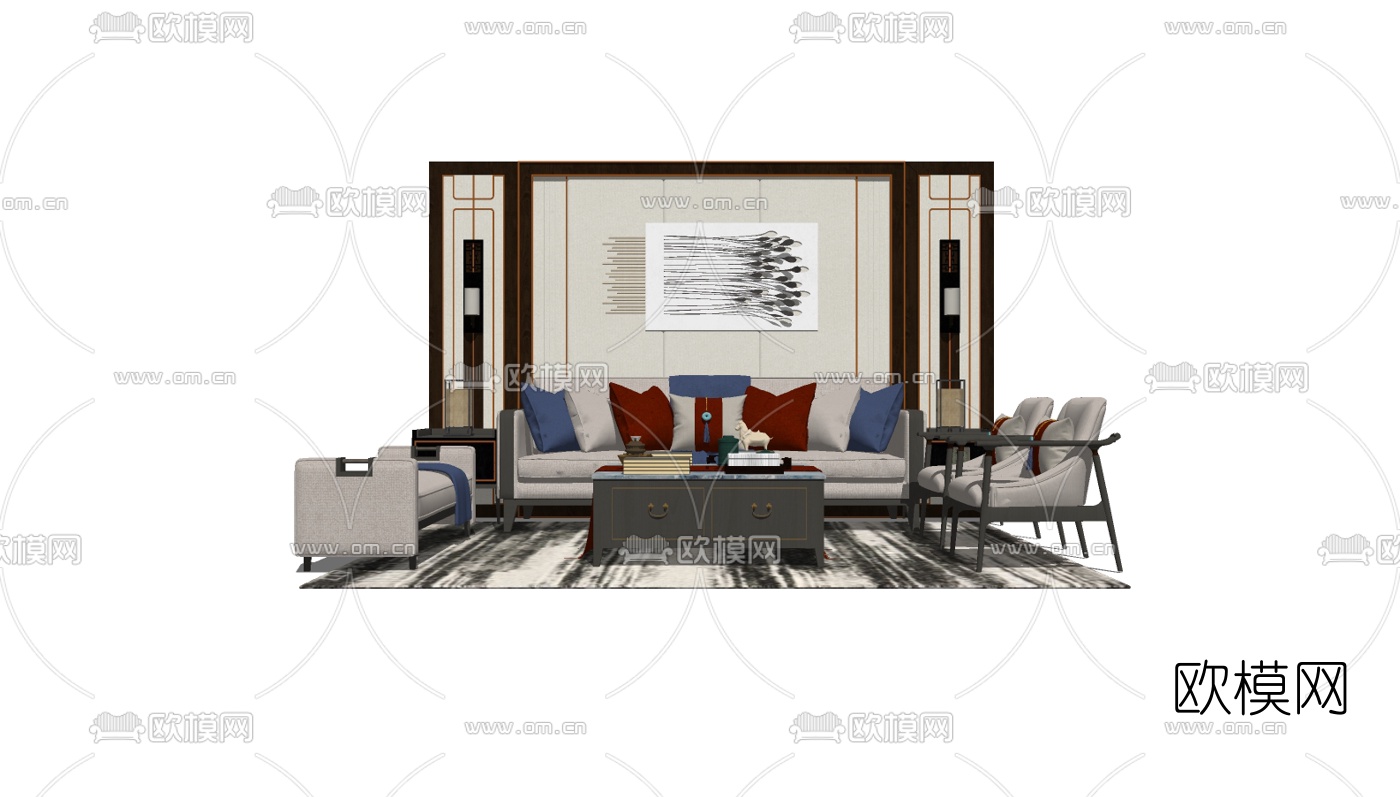 新中式皮革沙发组合su模型下载（渲染图2）