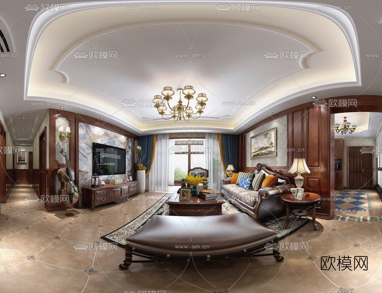 美式经典客厅餐厅全景3D模型