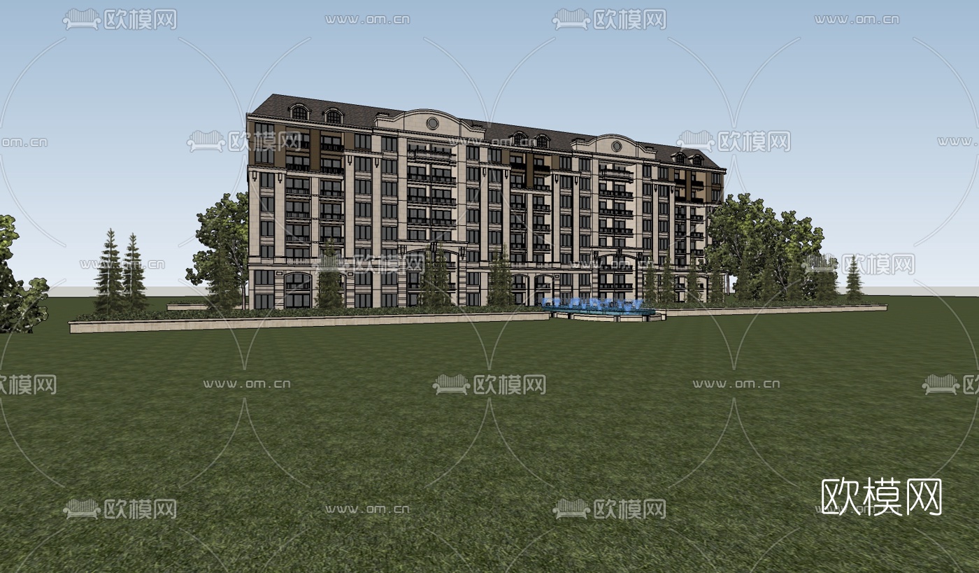 欧式古典多层公寓楼su模型下载（渲染图1）