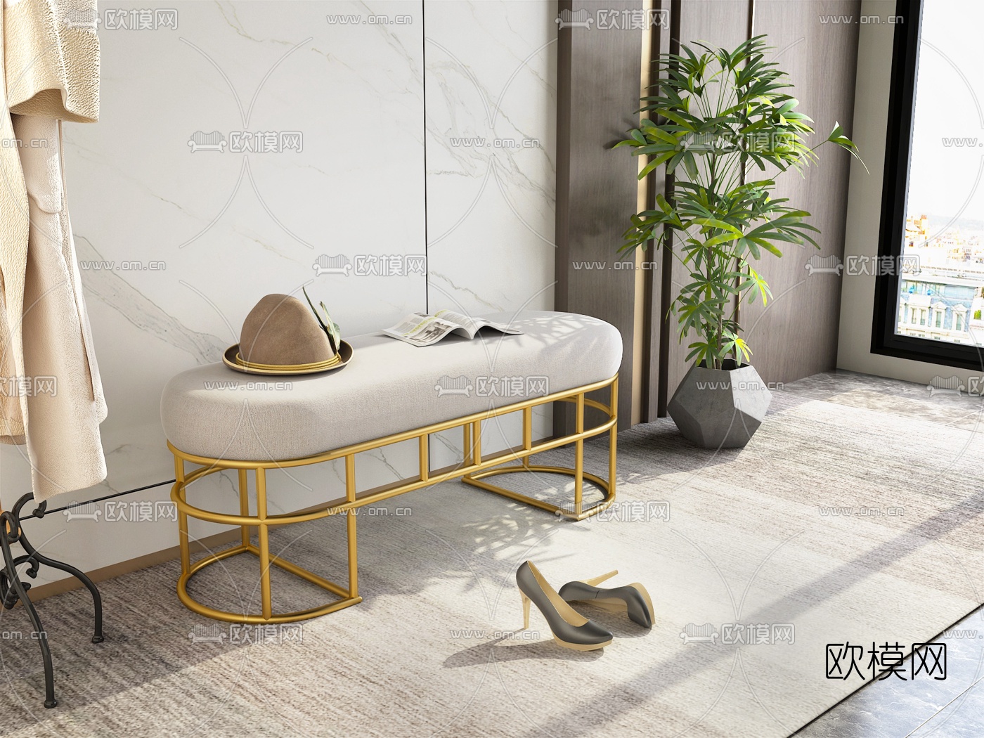 现代金属布艺脚凳3d模型下载（渲染图2）