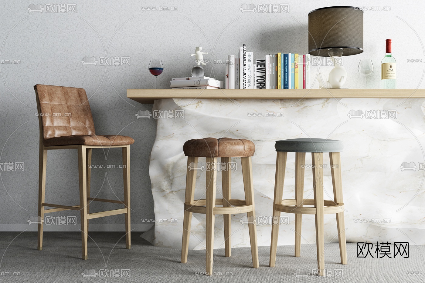 北欧吧台书籍台灯饰品摆件3D模型下载（渲染图1）