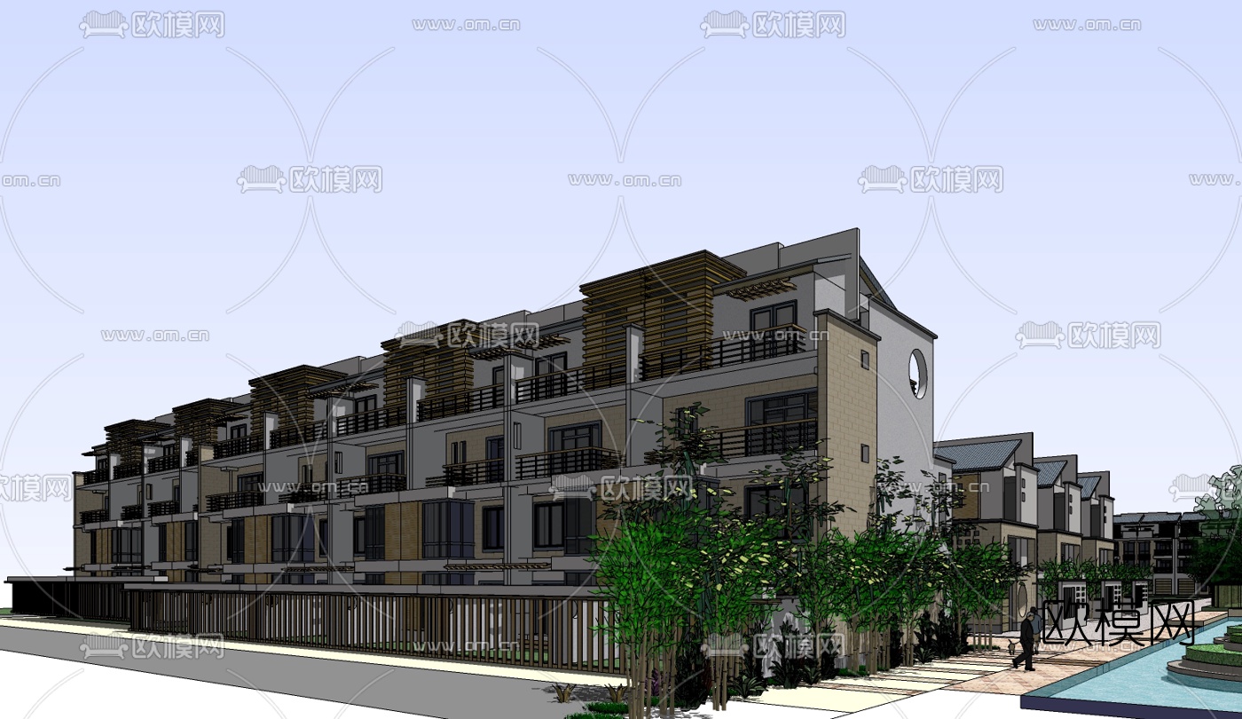 新中式小区规划免费su模型下载（渲染图2）