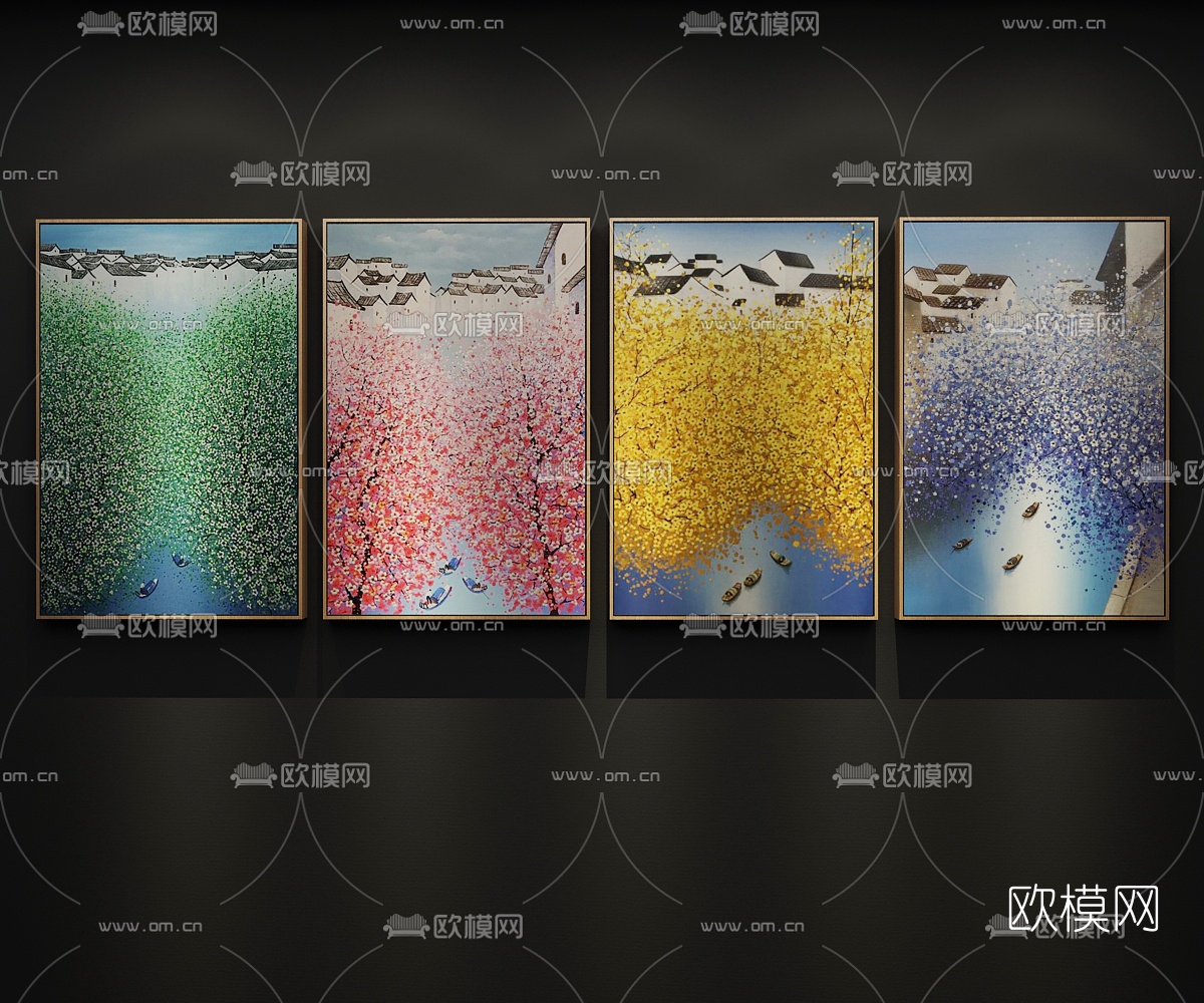 新中式春夏秋冬挂画组合3d模型
