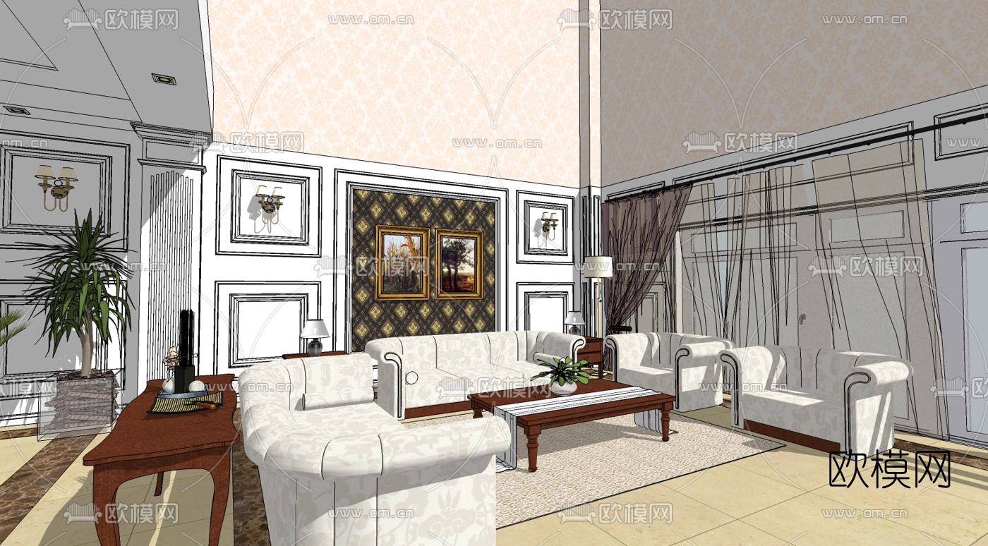 欧式复式客厅免费su模型下载（渲染图3）