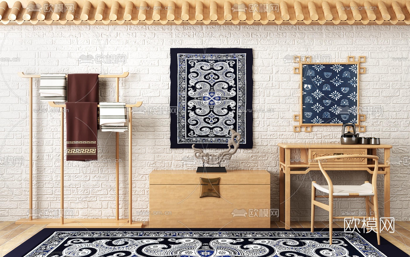 自然风实木书桌椅边柜衣架摆件组合3D模型下载