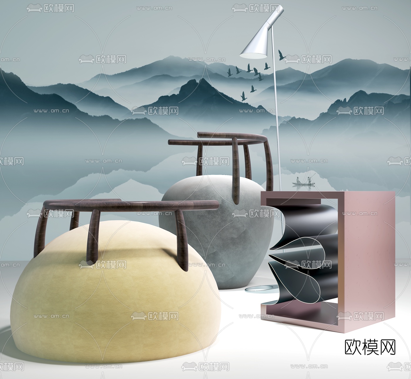 新中式实木布艺休闲沙发3d模型下载