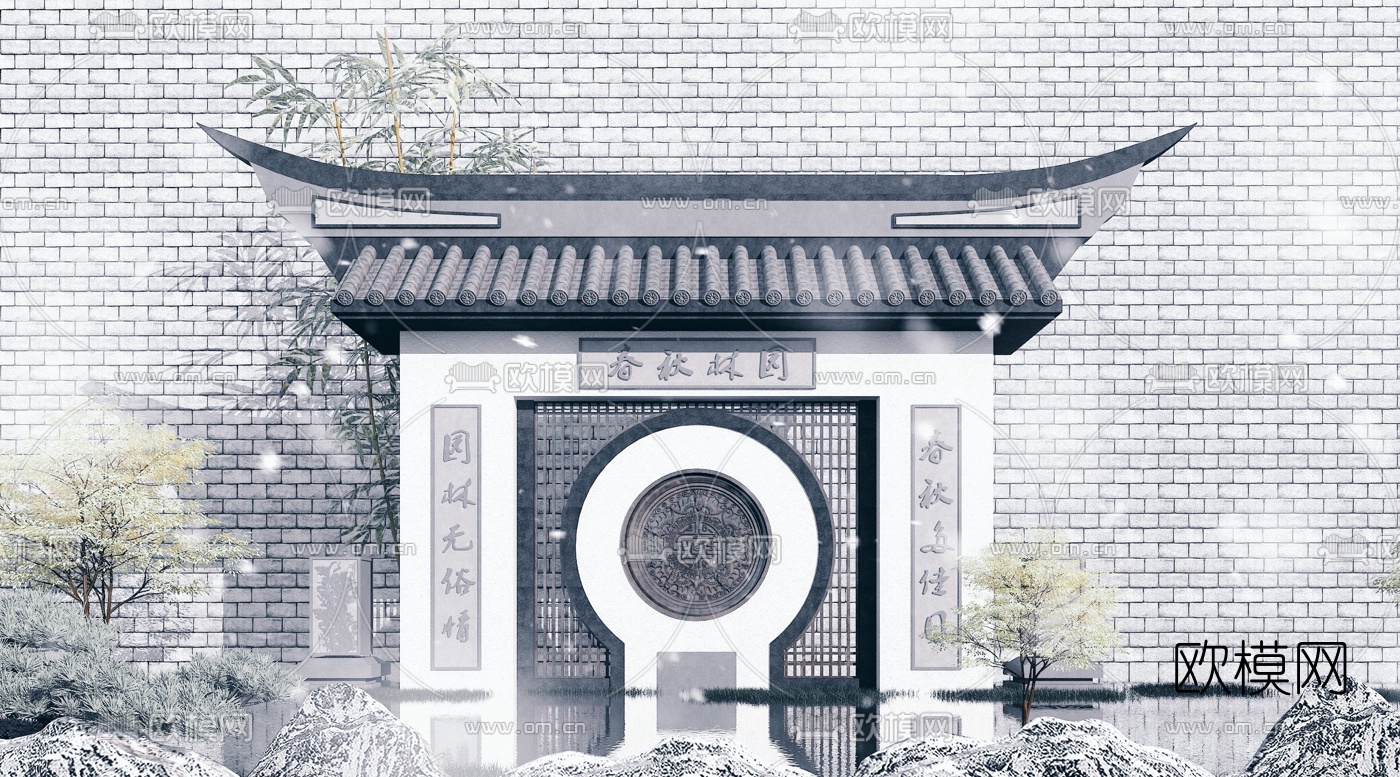 中式影壁墙景观墙3d模型