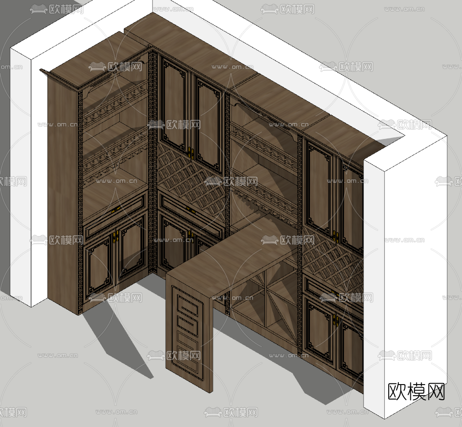 中式转角酒柜su模型下载（渲染图1）