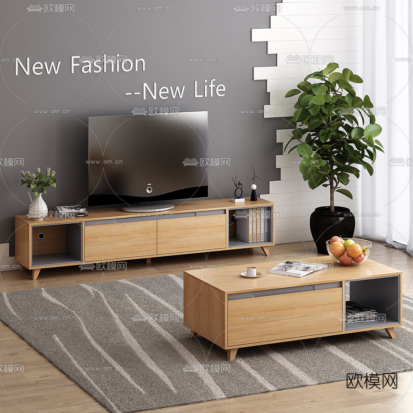 北欧实木电视柜茶几3d模型下载（渲染图2）