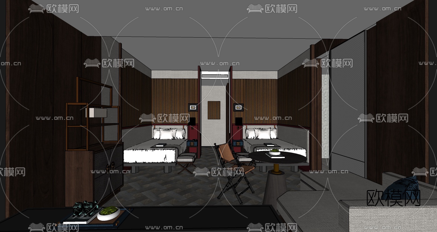 新中式酒店客房su模型下载（渲染图2）
