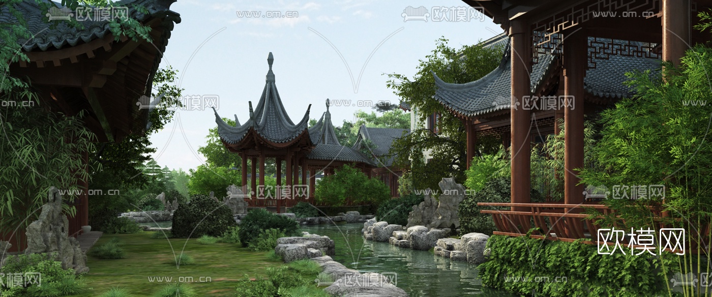 新中式古建园林景观3d模型