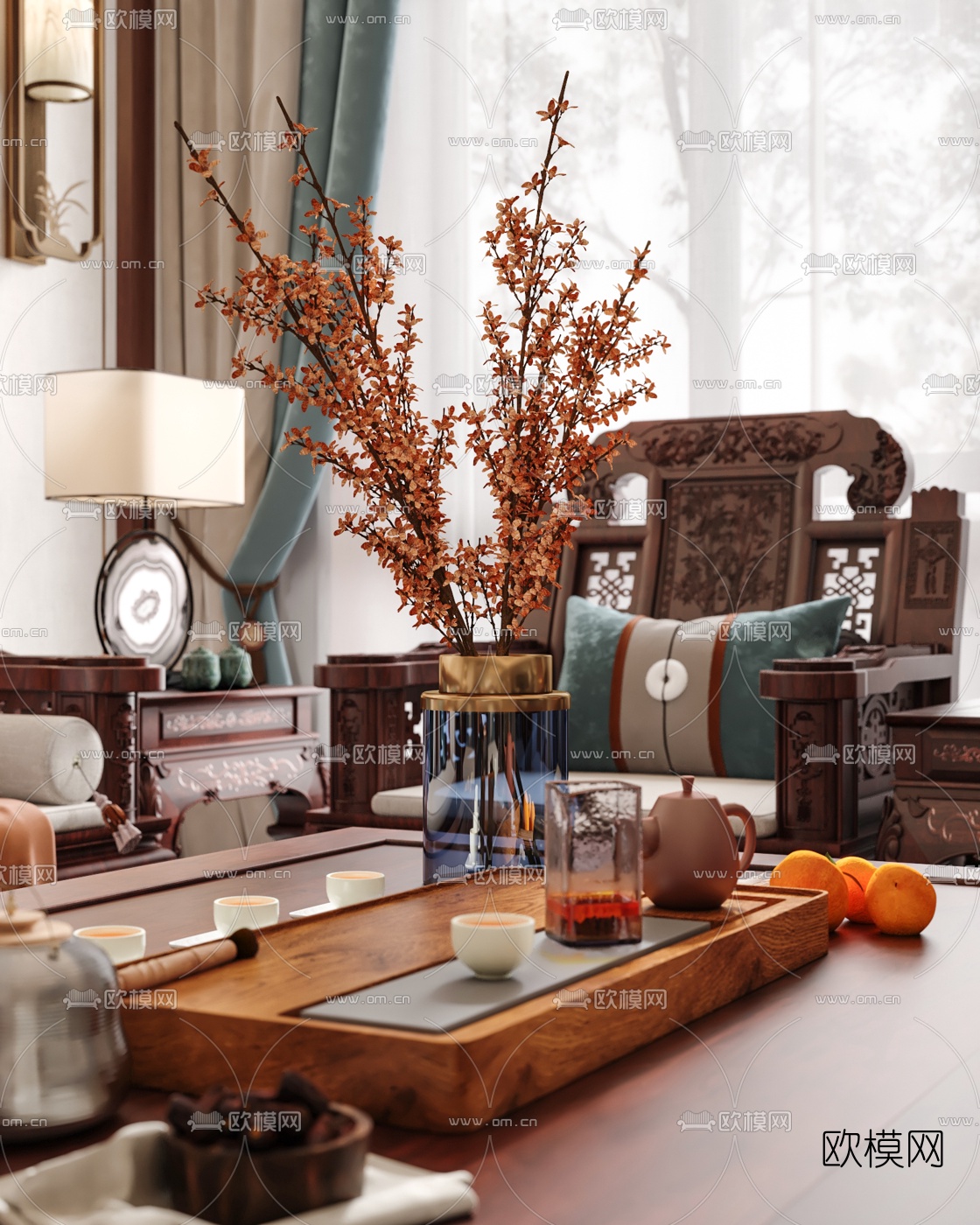 中式客厅餐厅3d模型下载（渲染图8）
